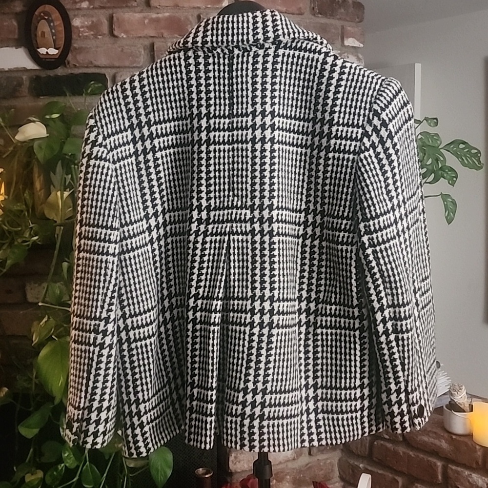 Lauren Ralph Lauren Houndstooth Wool Blend Cropped Pea Coat Black White - Picture 3 of 13